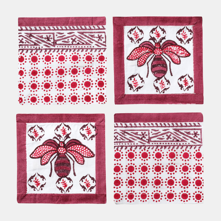 Bee Block Print Cocktail Napkins/ Coasters, Red
