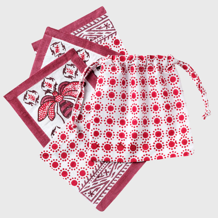 Bee Block Print Cocktail Napkins/ Coasters, Red
