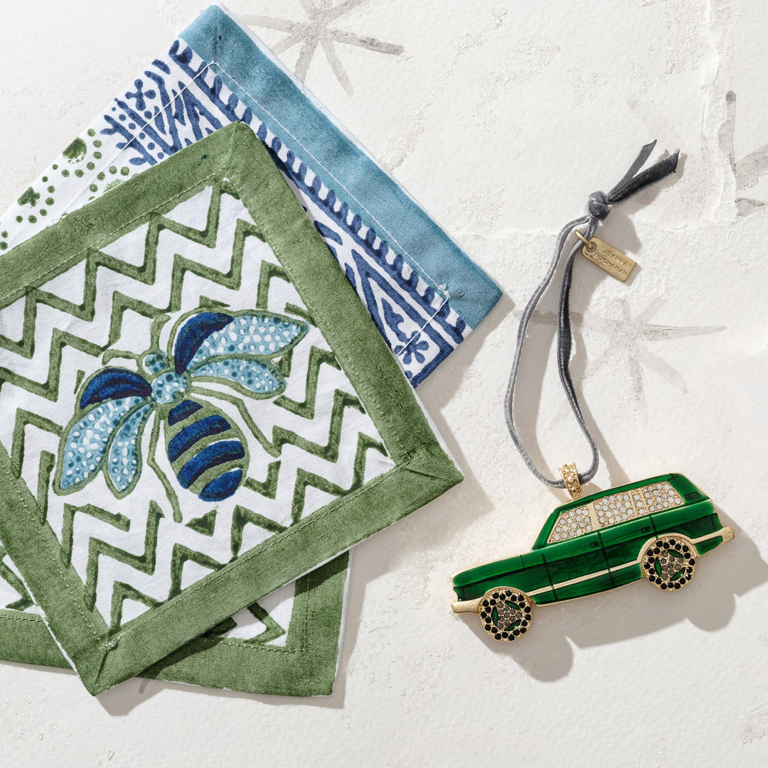 Bee Block Print Cocktail Napkins/ Coasters, Green