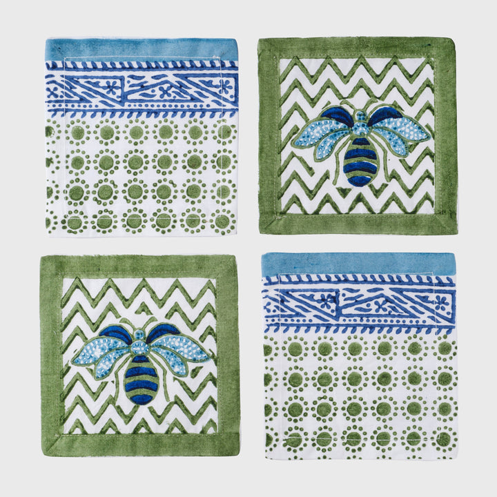 Bee Block Print Cocktail Napkins/ Coasters, Green