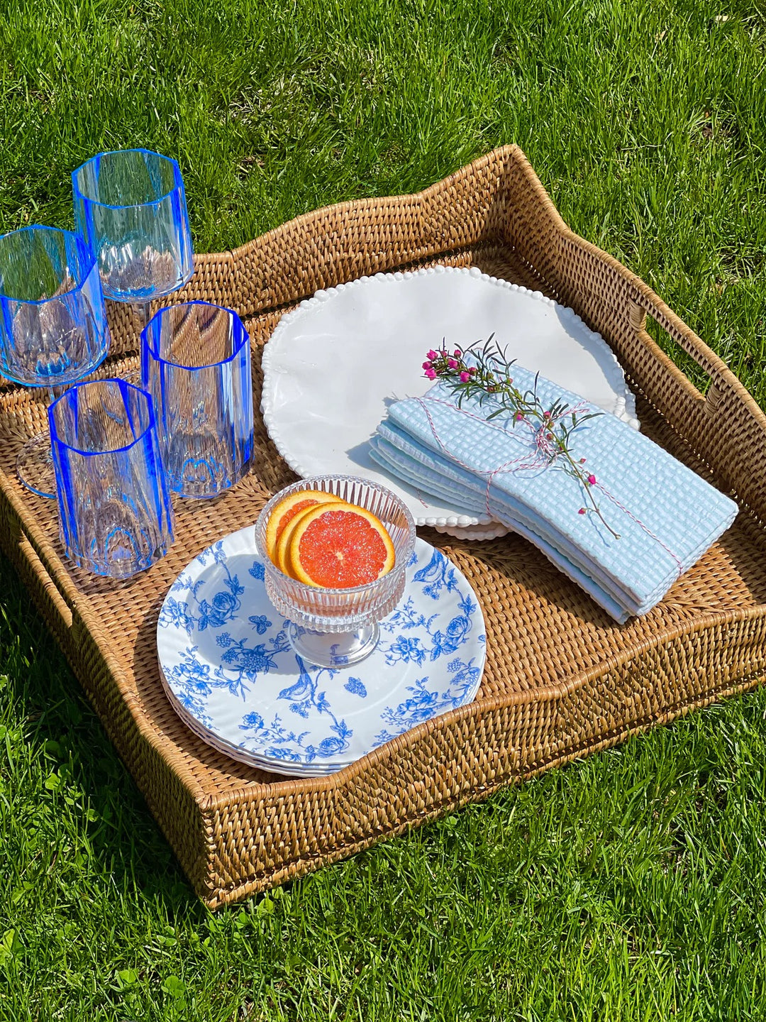 Scalloped Rattan Square Tray - Honey Brown