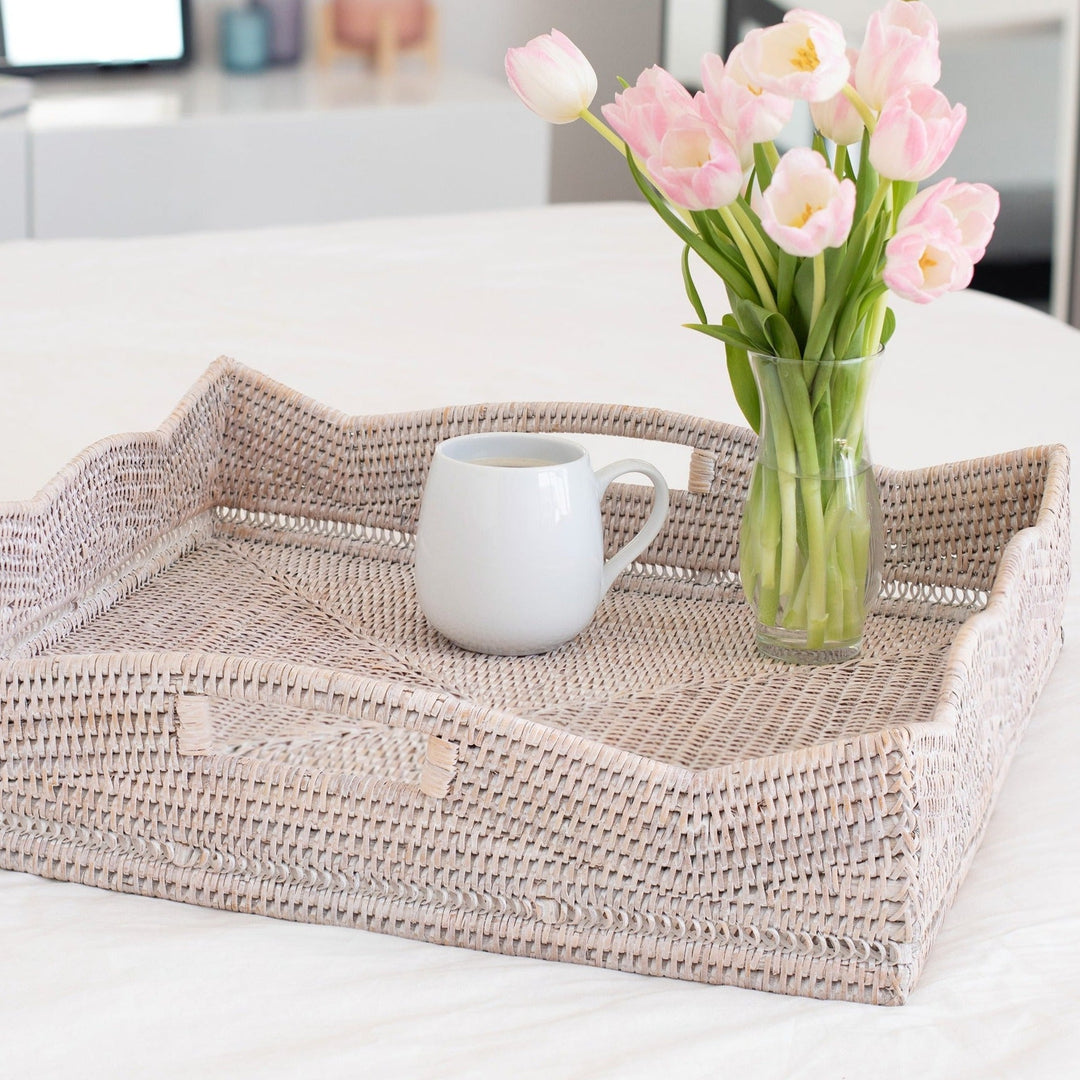 Whitewash Rattan Square Scallop Tray