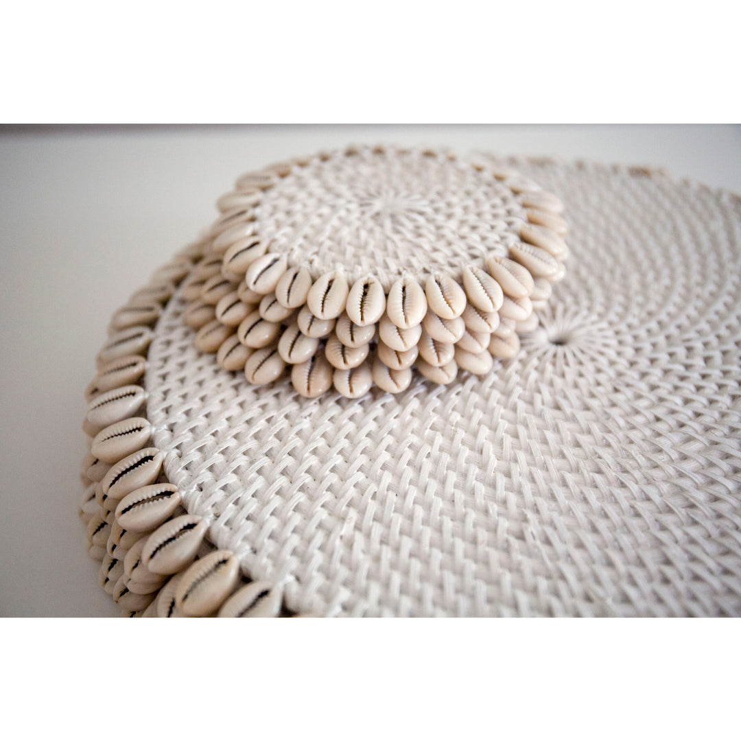 White Rattan & Cowrie Shell Coasters - Set of 4