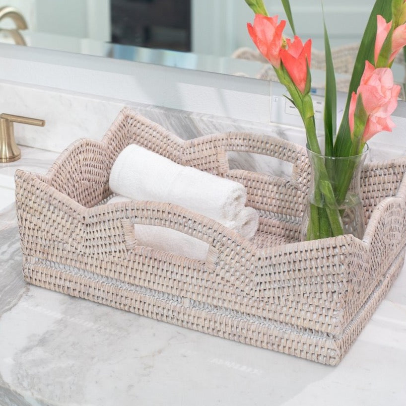 Scalloped Rattan Rectangular Basket - Whitewash