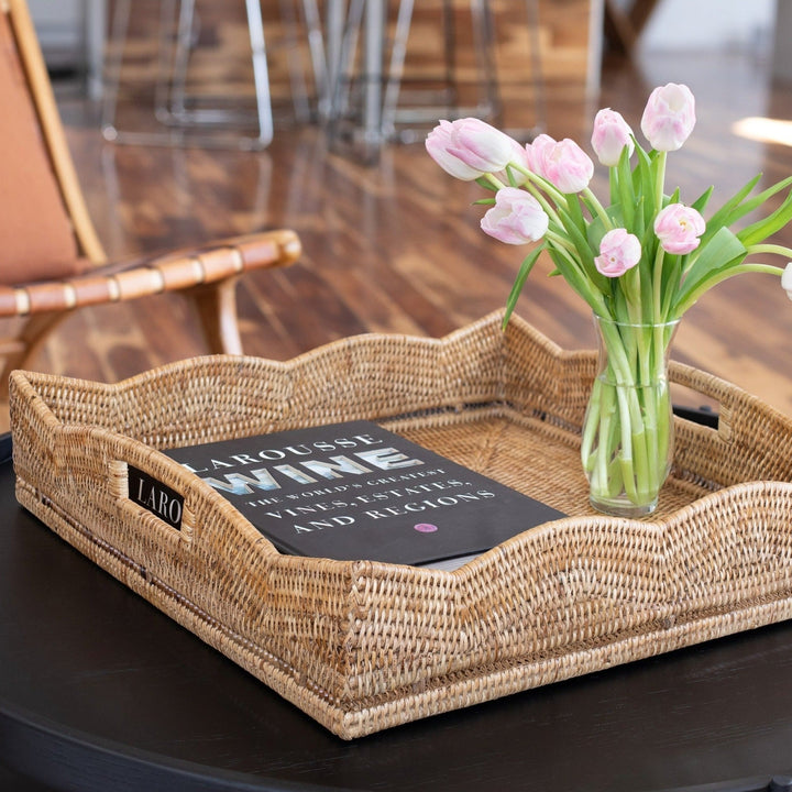 Scalloped Rattan Square Tray - Honey Brown