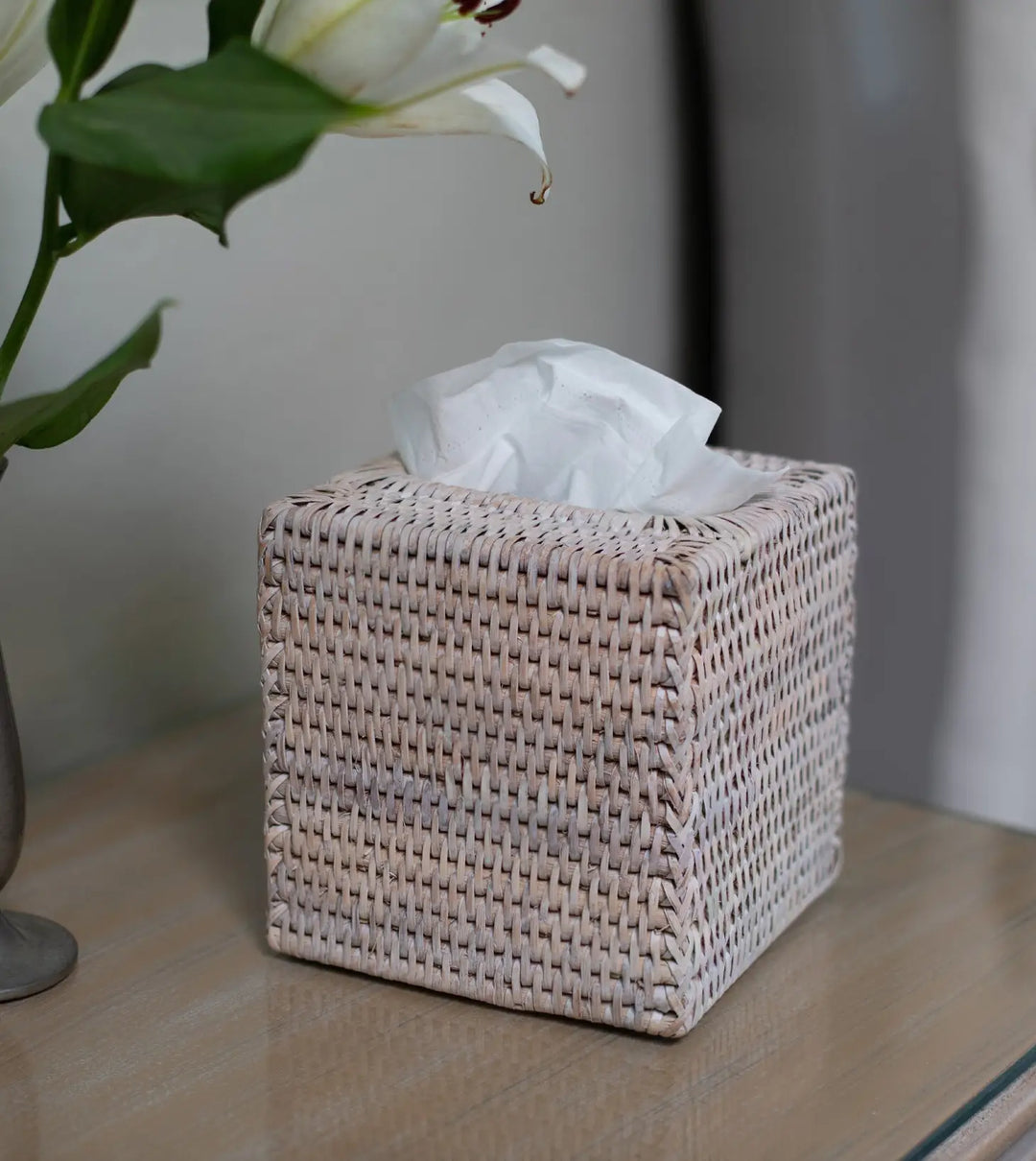 Rattan Square Tissue Box Cover - Whitewash