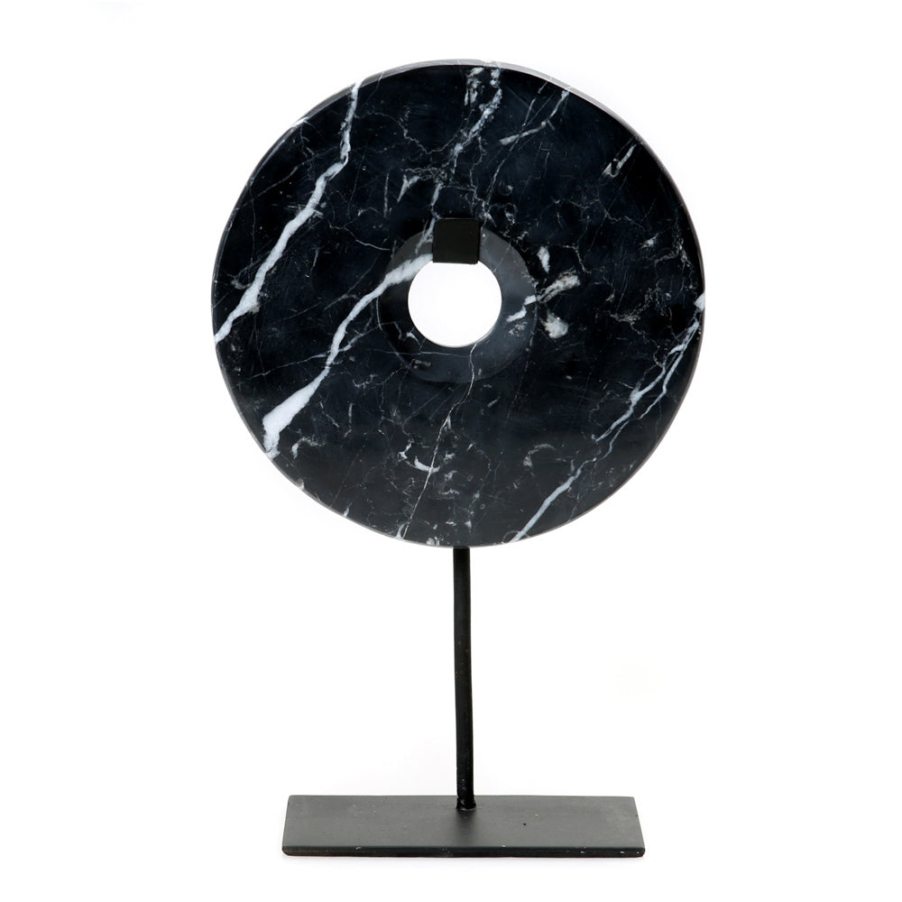 Large Noir Marble Disc On Stand Sculpture