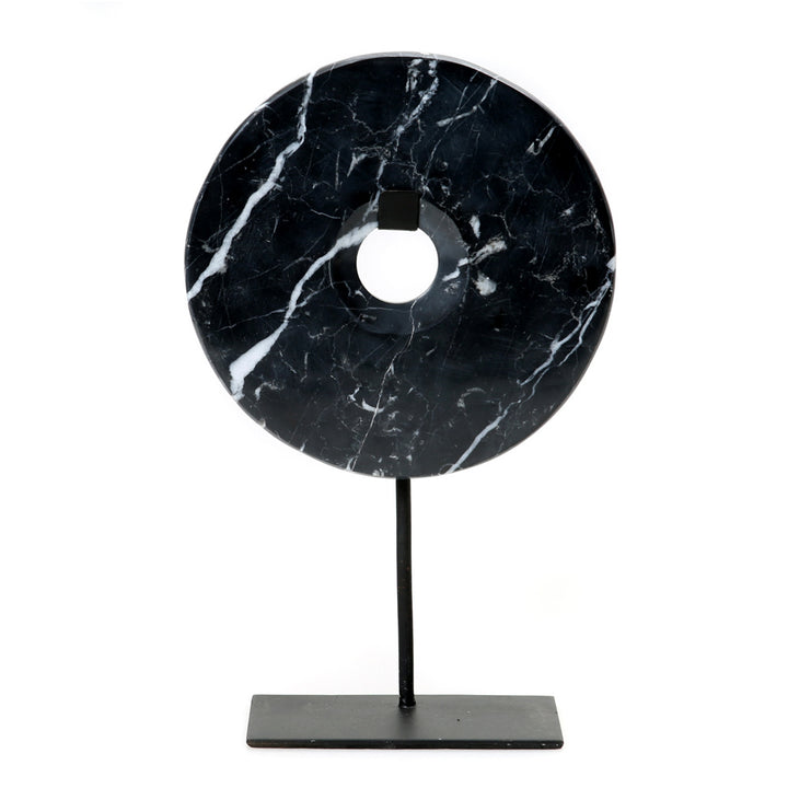 Large Noir Marble Disc On Stand Sculpture
