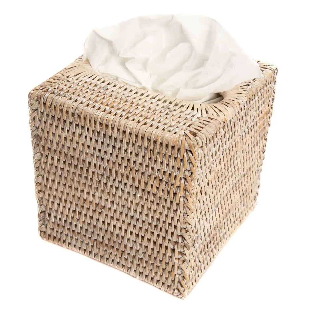 Rattan Square Tissue Box Cover - Whitewash