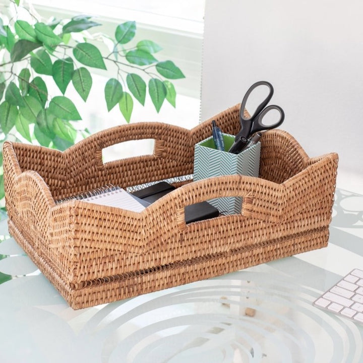 Scalloped Rattan Rectangular Basket - Honey Brown