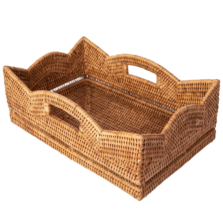 Scalloped Rattan Rectangular Basket - Honey Brown
