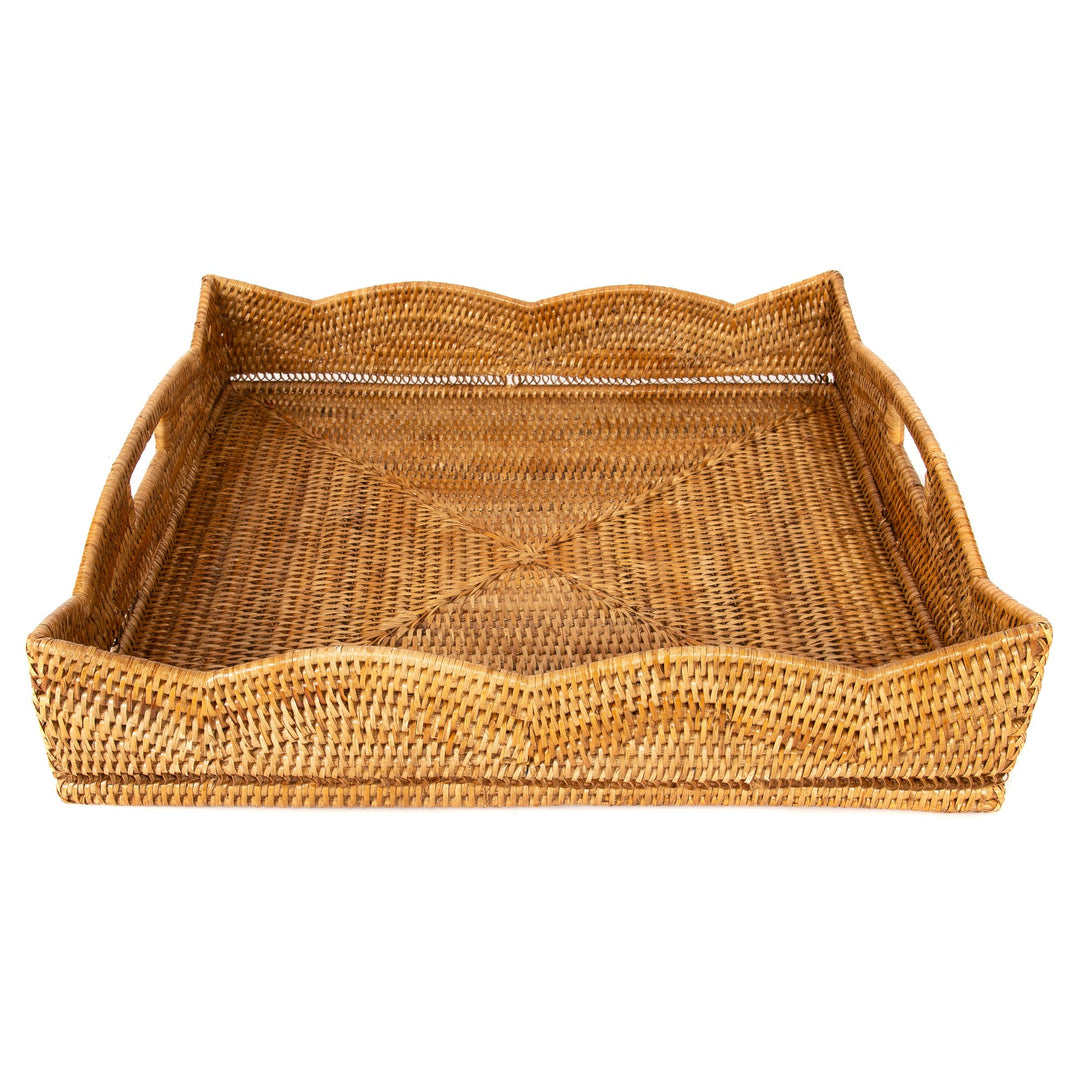 Scalloped Rattan Square Tray - Honey Brown