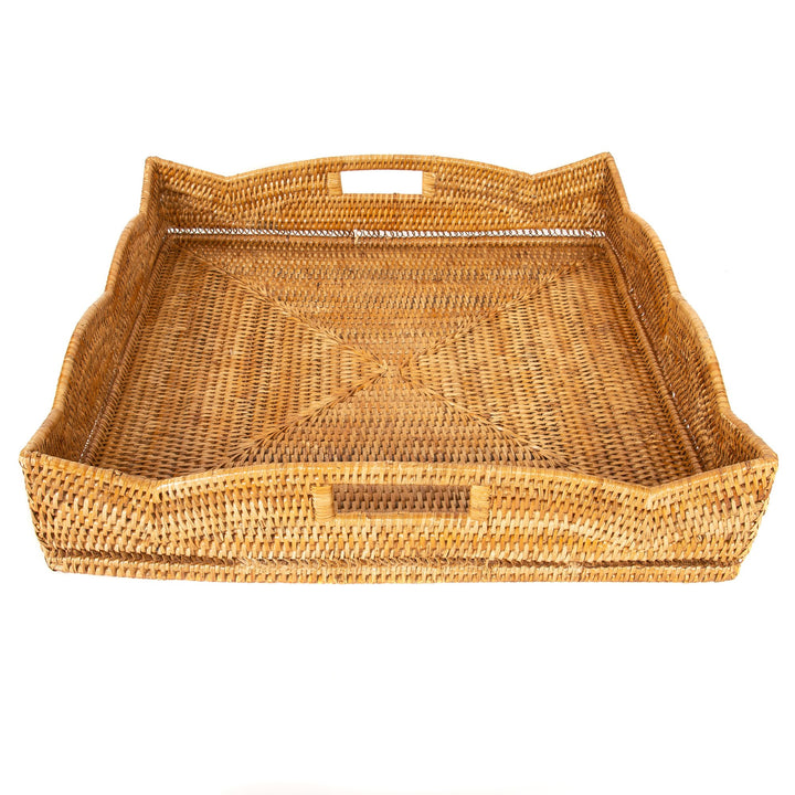 Scalloped Rattan Square Tray - Honey Brown
