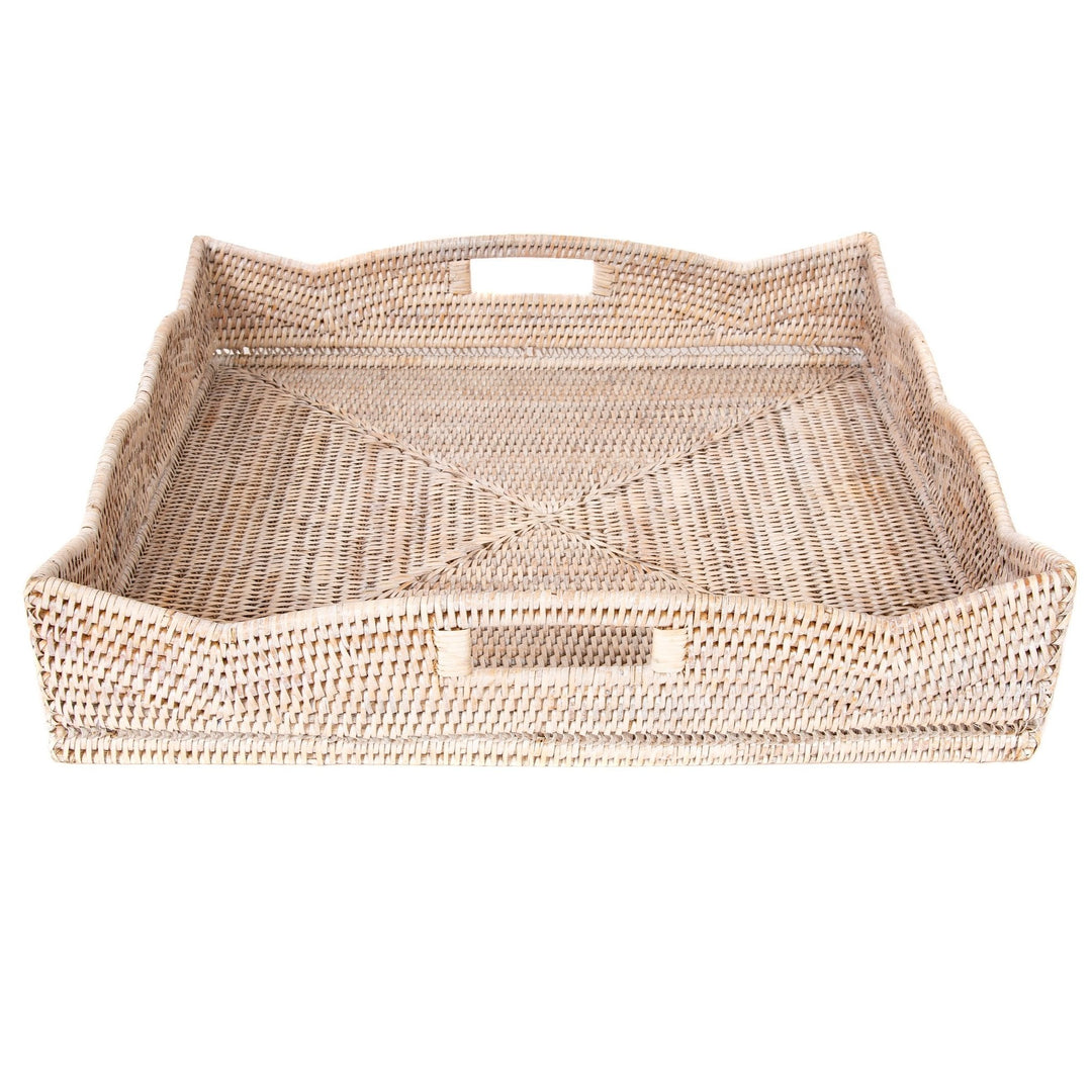 Scalloped Rattan Square Tray - Whitewash
