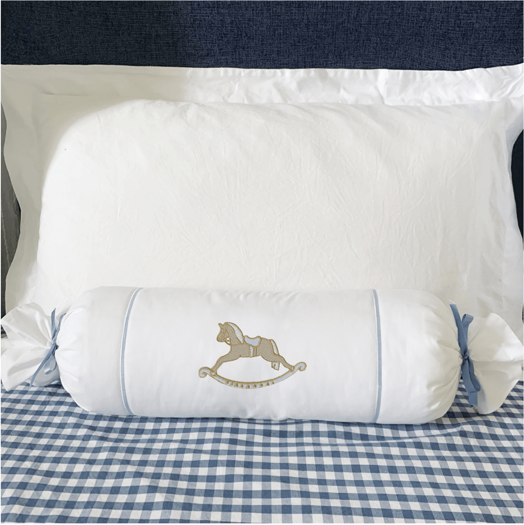 Blue Rocking Horse Embroidered Bolster Cushion