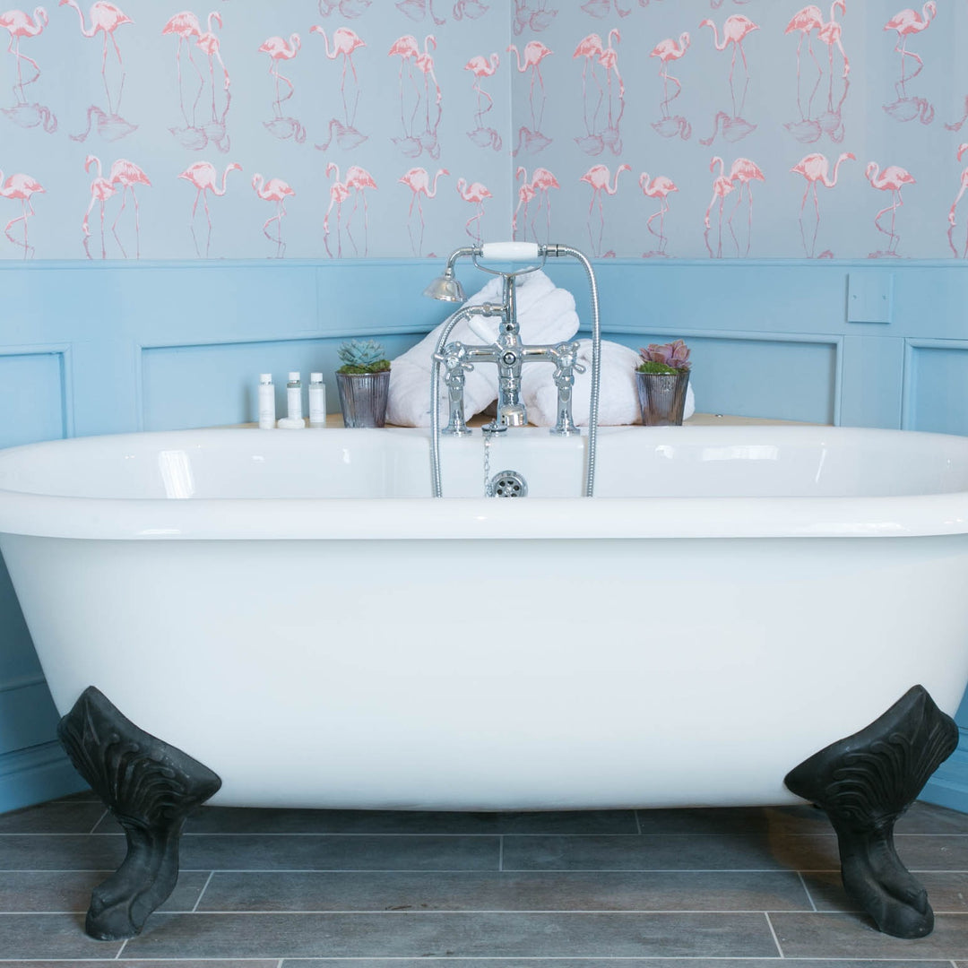 Nakuru Flamingo Wallpaper in Pink by Juliet Travers | Wallpapered Bathroom