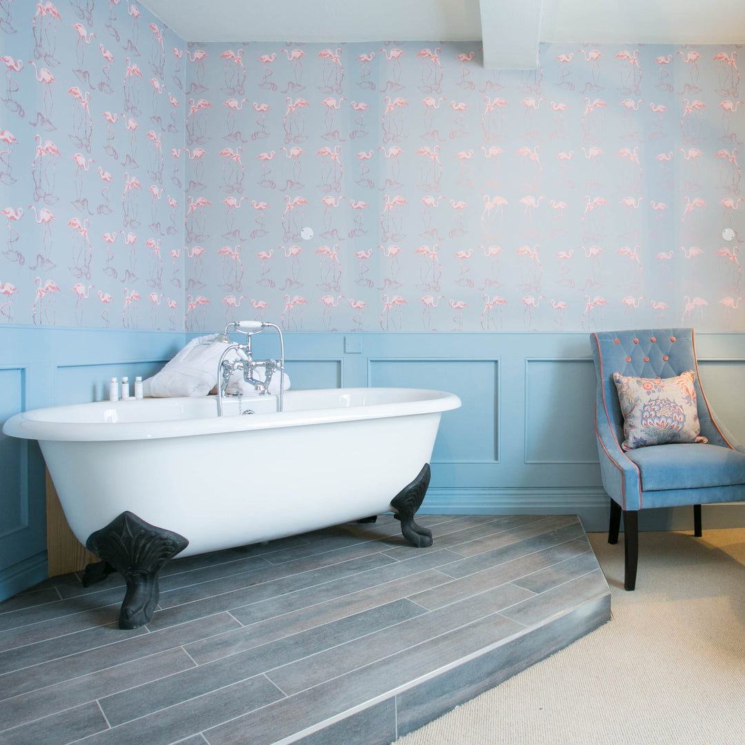 Nakuru Flamingo Wallpaper in Pink by Juliet Travers | Wallpapered Bathroom