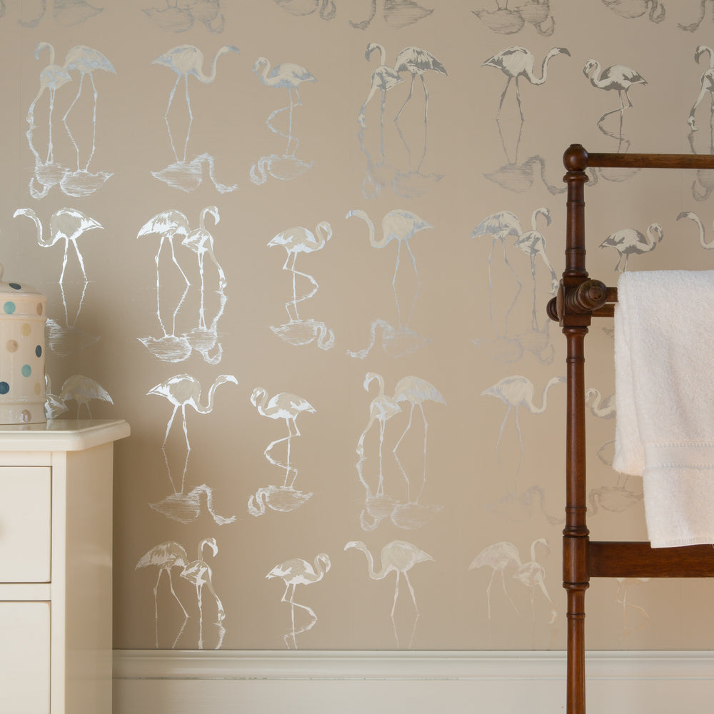 Nakuru Flamingo Wallpaper in Taupe by Juliet Traveres