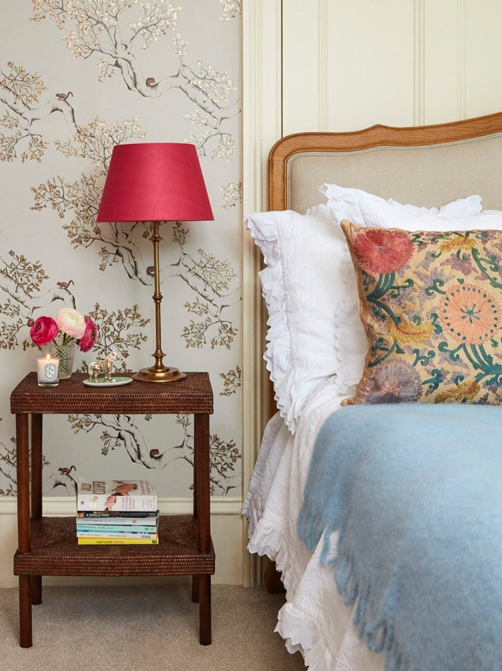 Nutcracker Wallpaper in Taupe in bedroom designed by Eyre Interiors