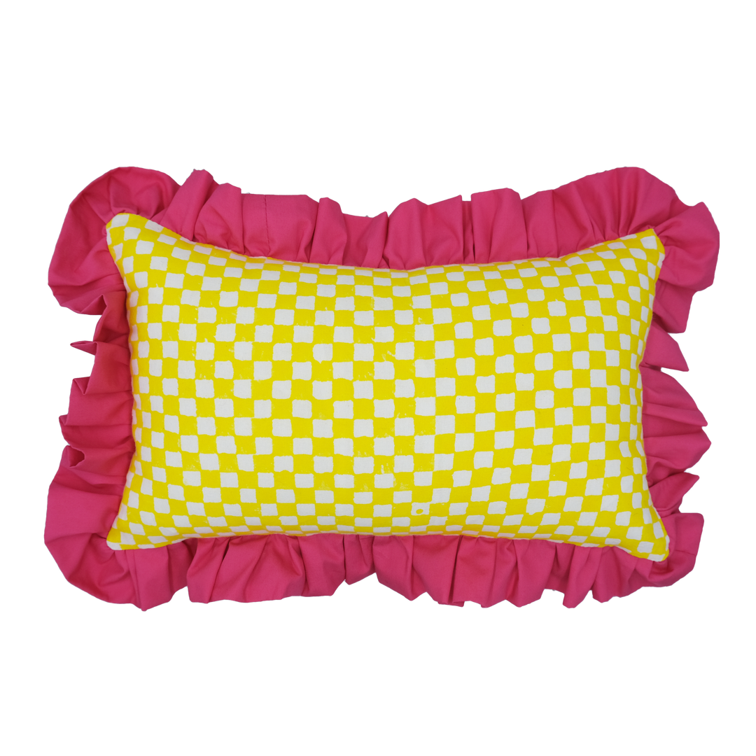 Yellow Check Ruffled Rectangular Cushion