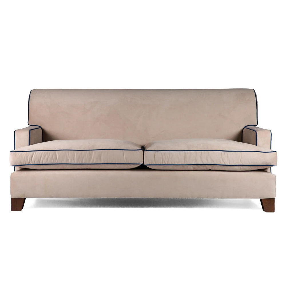 The Kelling Sofa in Putty Velvet with Navy Blue Piping | Decoralist