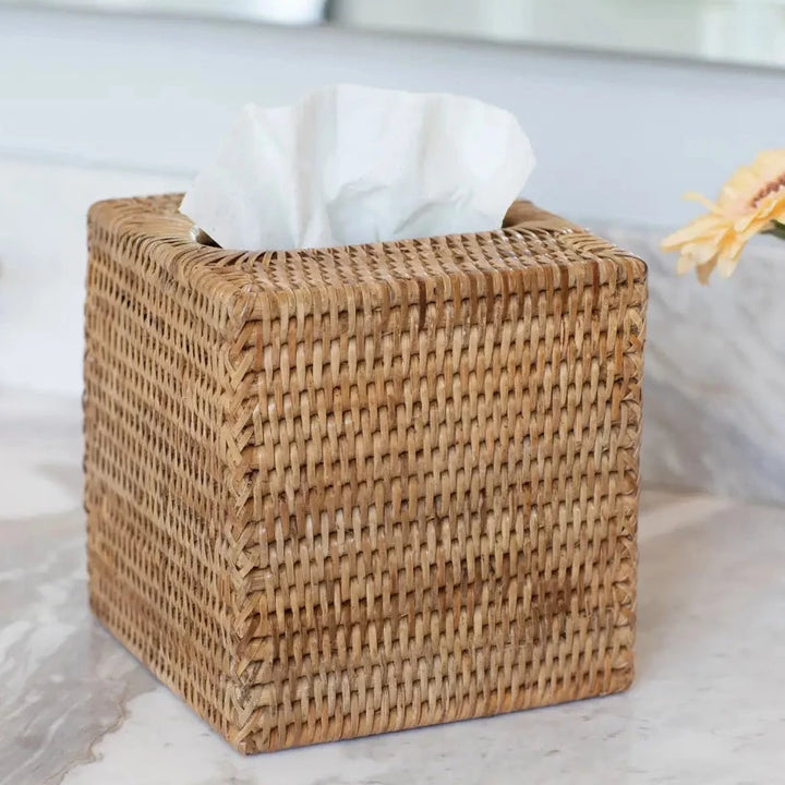 Rattan Square Tissue Box Cover - Honey Brown