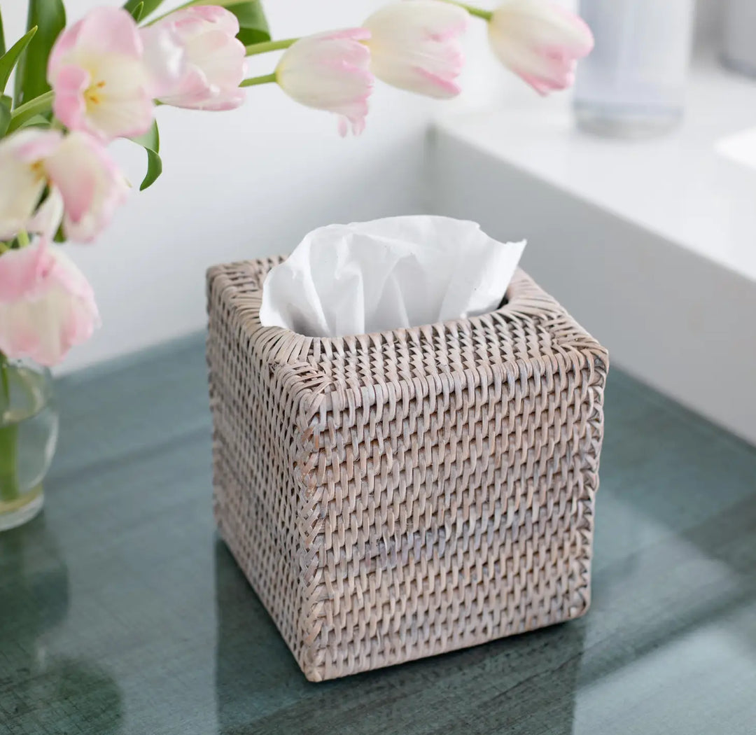 Rattan Square Tissue Box Cover - Whitewash