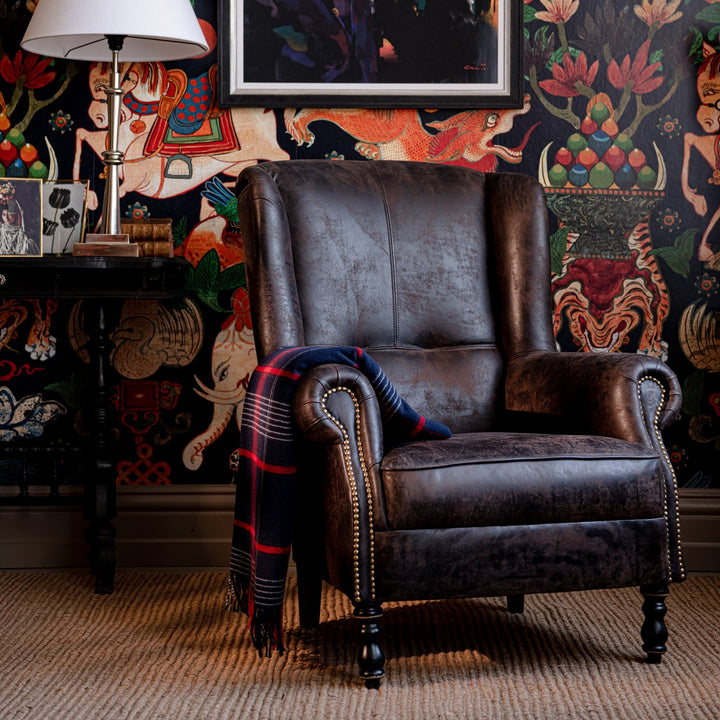 Bryant Wingback Armchair - Studded Chocolate Leather
