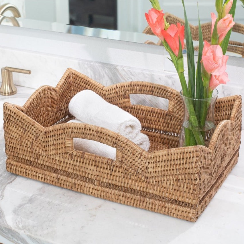 Scalloped Rattan Rectangular Basket - Honey Brown
