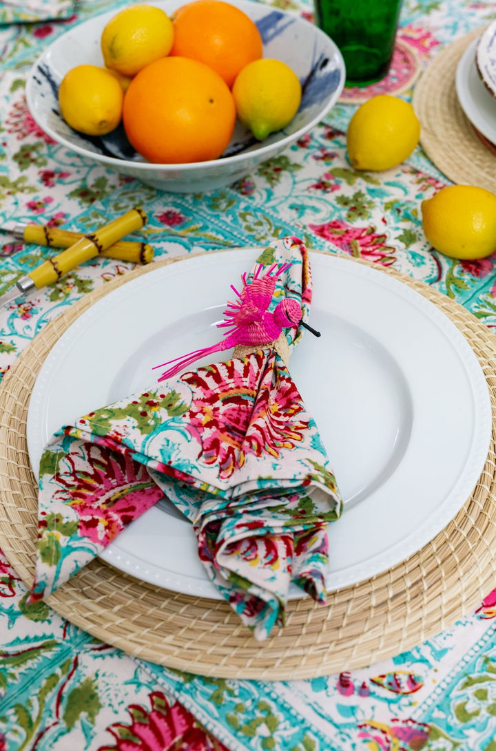 Pink Hummingbird Raffia Napkin Ring - Set of 4