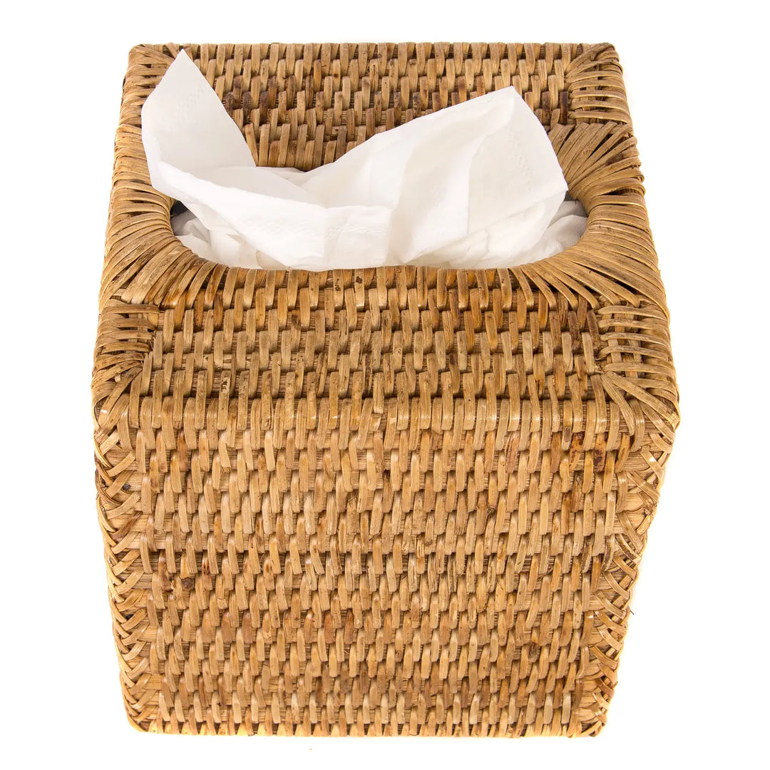 Rattan Square Tissue Box Cover - Honey Brown