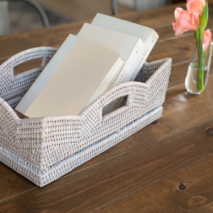 Scalloped Rattan Rectangular Basket - Whitewash