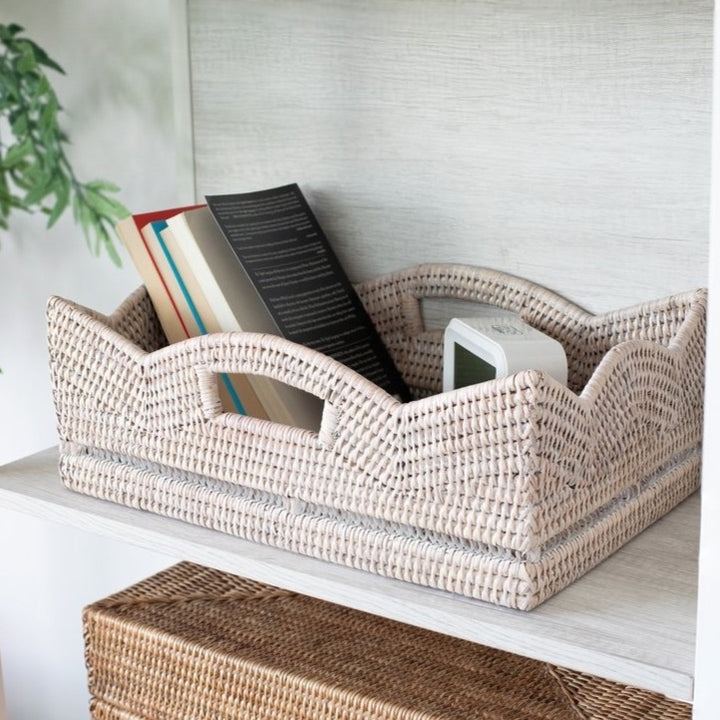 Scalloped Rattan Rectangular Basket - Whitewash