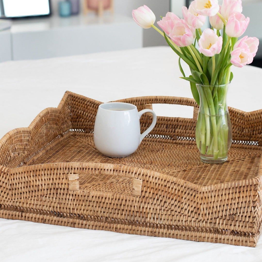 Scalloped Rattan Square Tray - Honey Brown