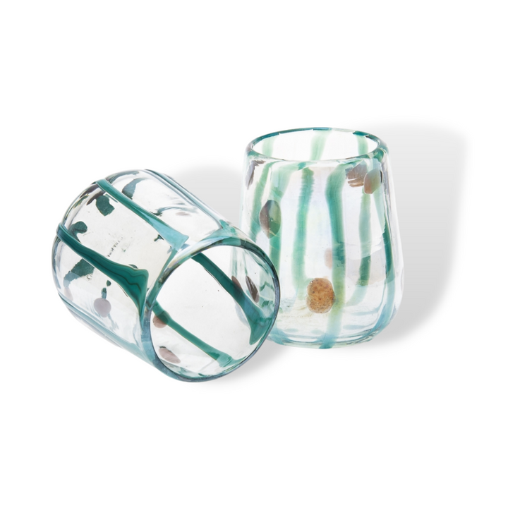 Dripping Emerald Green Hand-Blown Glass Tumblers - Pair