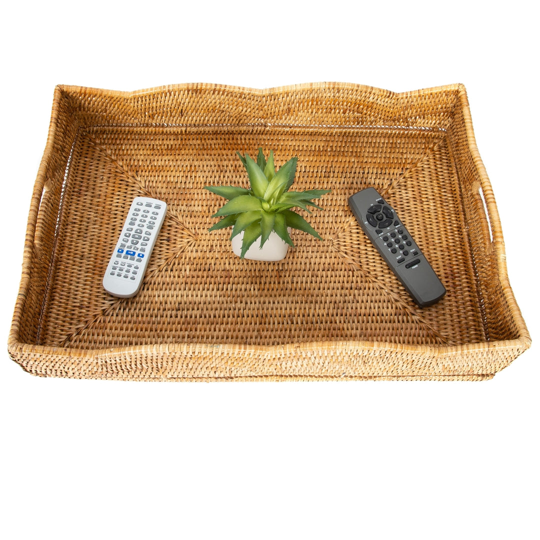 Scalloped Rattan Rectangular Tray - Honey Brown