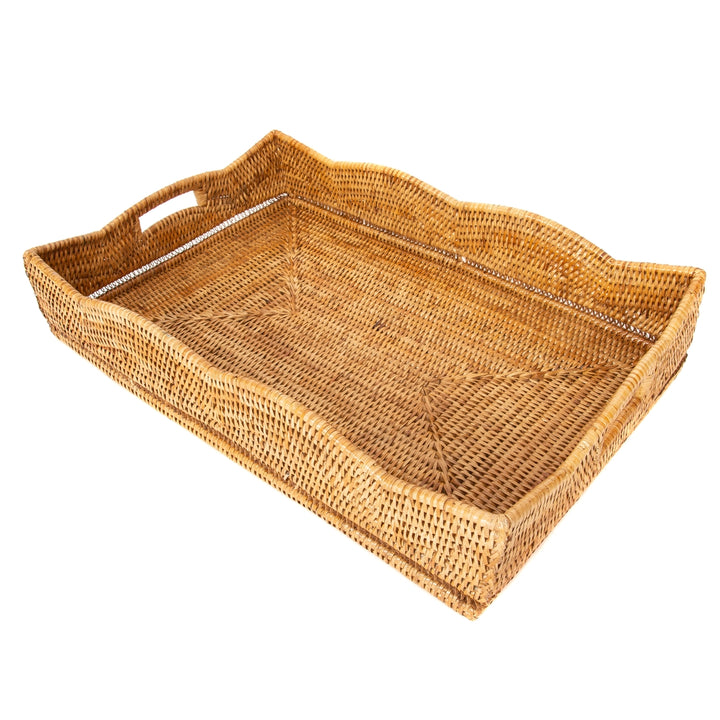 Scalloped Rattan Rectangular Tray - Honey Brown