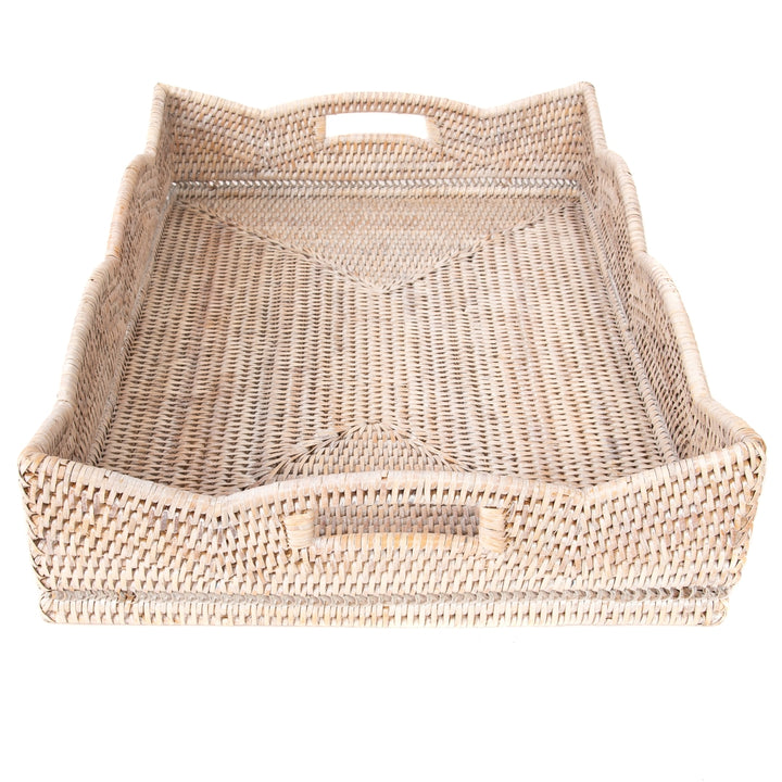Scalloped Rattan Rectangular Tray - Whitewash