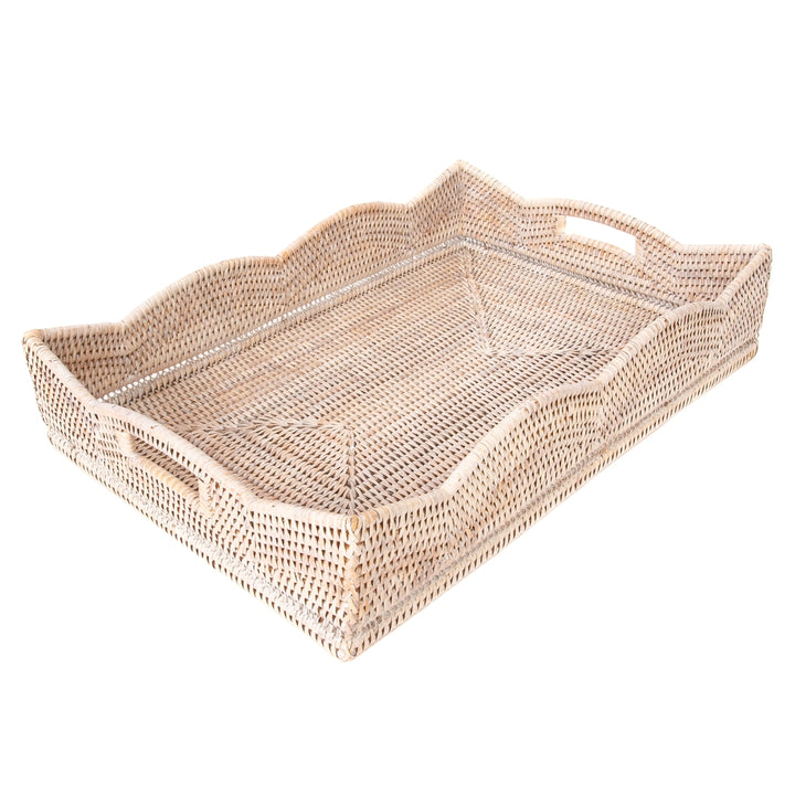 Scalloped Rattan Rectangular Tray - Whitewash