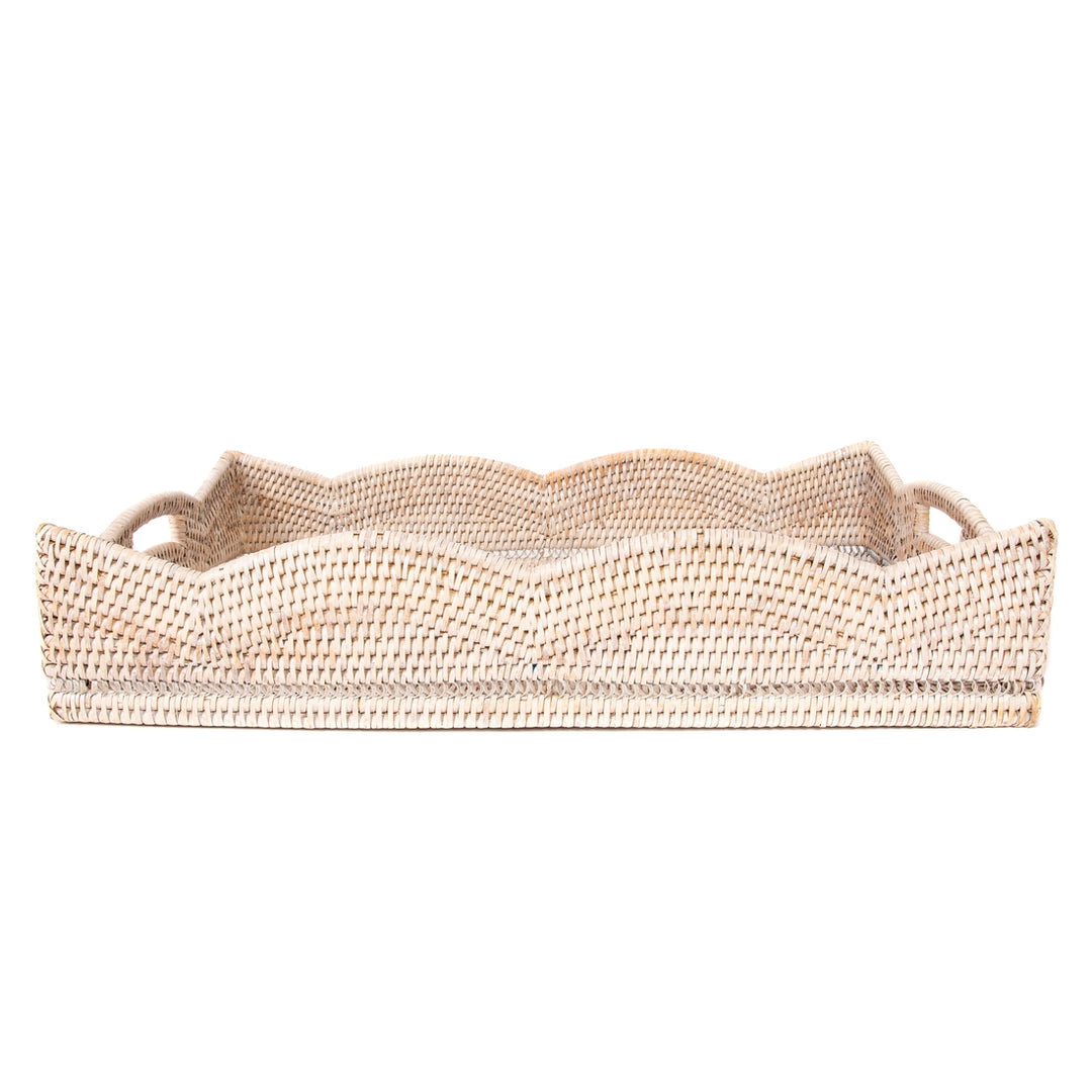 Scalloped Rattan Rectangular Tray - Whitewash