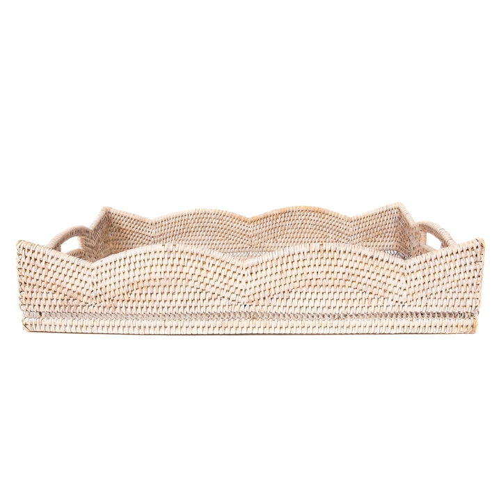Scalloped Rattan Rectangular Tray - Whitewash