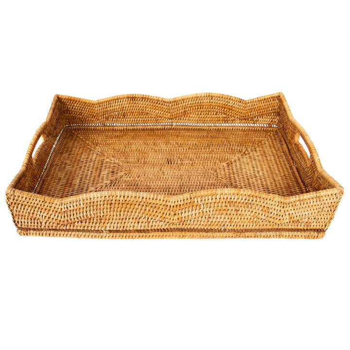 Scalloped Rattan Rectangular Tray - Honey Brown