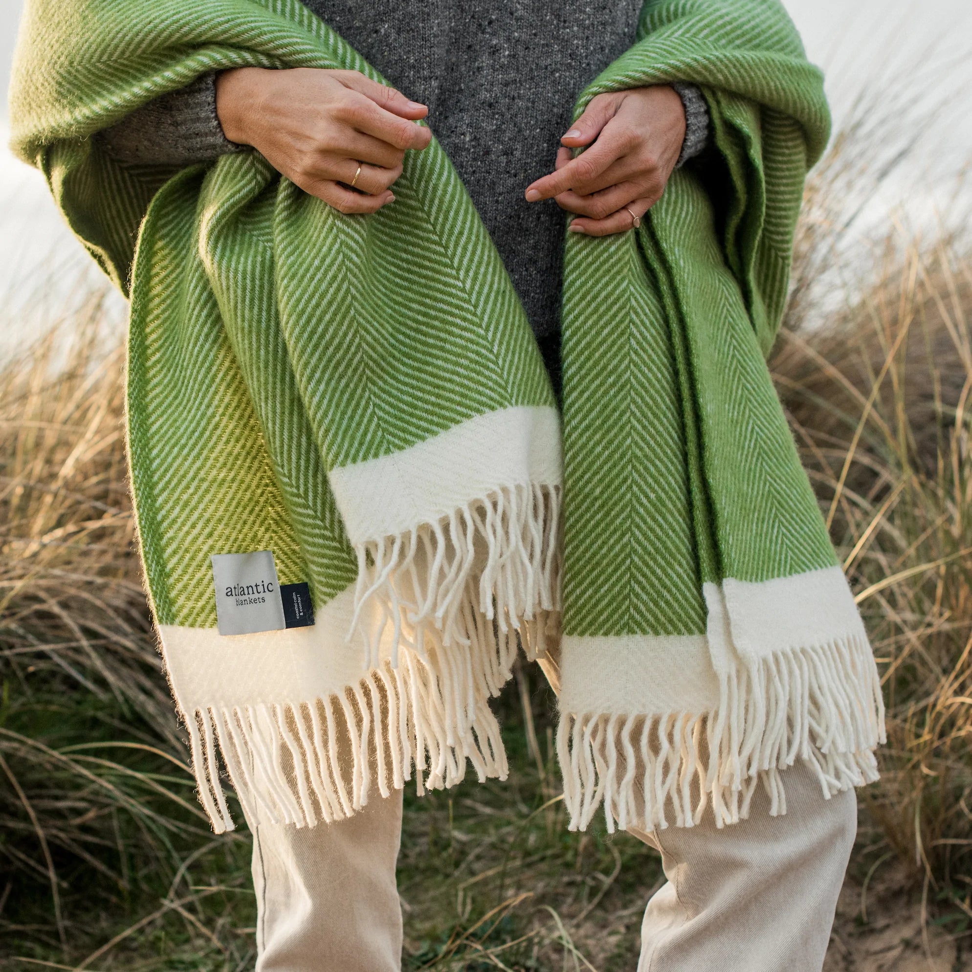 Green Herringbone - Wool Scarf