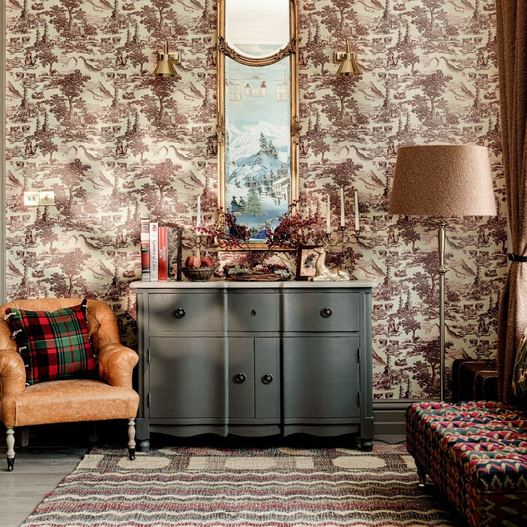 Burgundy Toile Du Tyrol Wallpaper