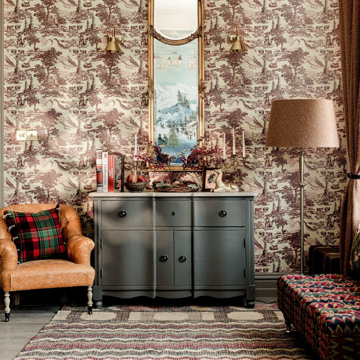 Burgundy Toile Du Tyrol Wallpaper
