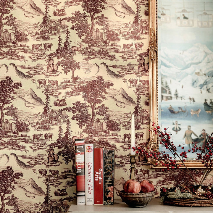 Burgundy Toile Du Tyrol Wallpaper