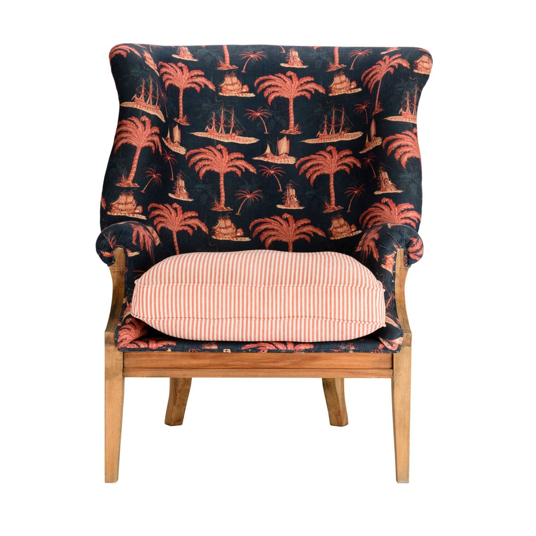 William Deconstructed Wingback Chair - Aegean Indigo & Rhubarb Stripe Linen