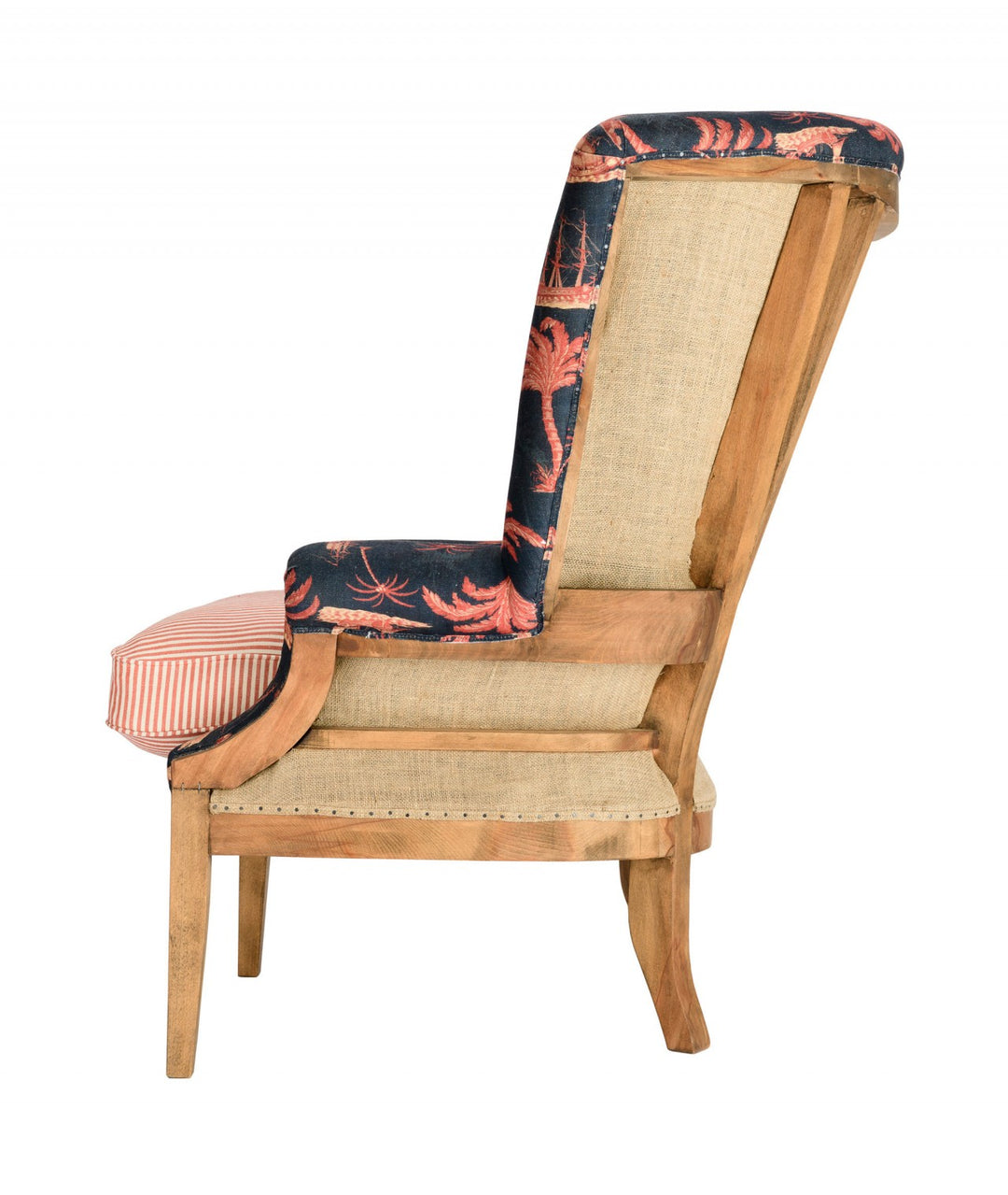 William Deconstructed Wingback Chair - Aegean Indigo & Rhubarb Stripe Linen