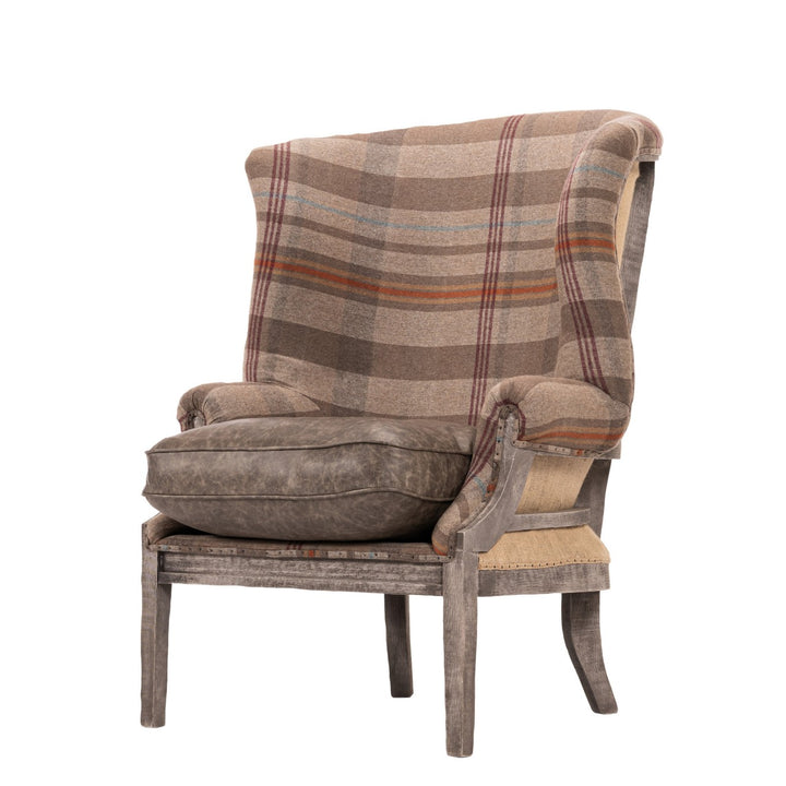 William Deconstructed Wingback Chair - Chalet Plaid & Antique Grey Leather