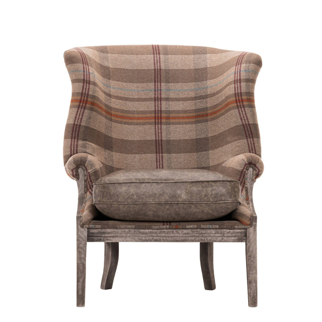William Deconstructed Wingback Chair - Chalet Plaid & Antique Grey Leather